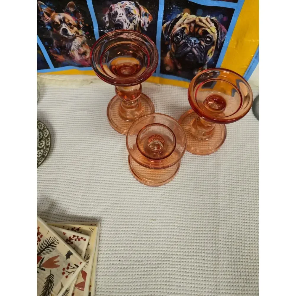 Vintage Amber Flash Glass Candle Holders Compotes Set of 3 Pressed Glass